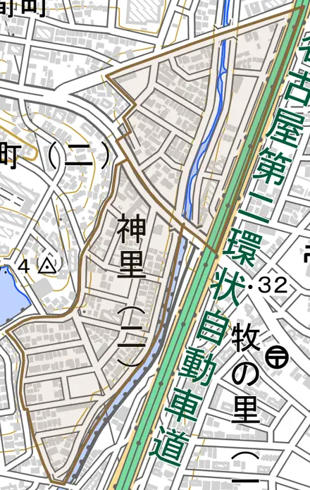 神里とその周辺の地図。町の範囲を重ねている