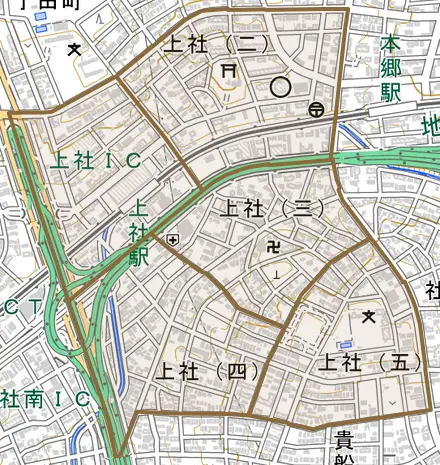 上社とその周辺の地図。町の範囲を重ねている