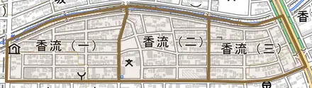 香流とその周辺の地図。町の範囲を重ねている