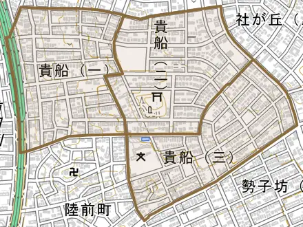 貴船とその周辺の地図。町の範囲を重ねている