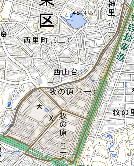 牧の原とその周辺の地図。町の範囲を重ねている