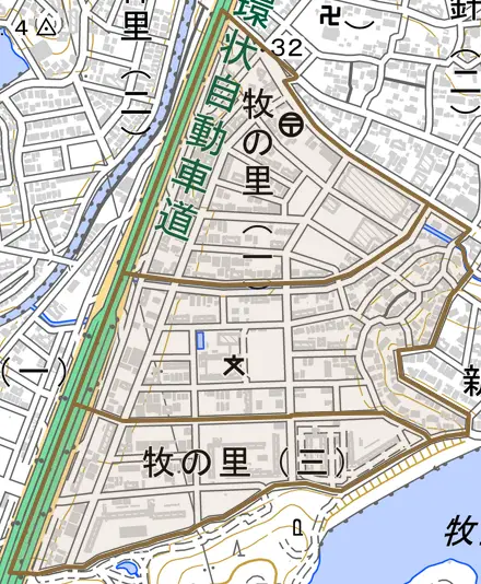 牧の里とその周辺の地図。町の範囲を重ねている