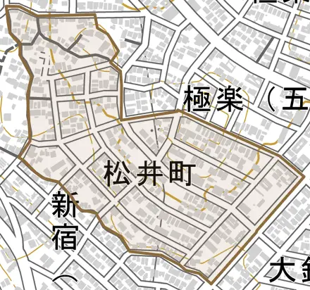 松井町とその周辺の地図。町の範囲を重ねている