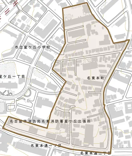 名東本町とその周辺の地図。町の範囲を重ねている