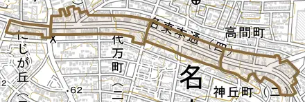 名東本通とその周辺の地図。町の範囲を重ねている