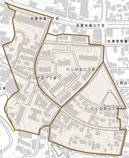 にじが丘とその周辺の地図。町の範囲を重ねている