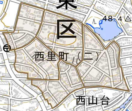 西里町とその周辺の地図。町の範囲を重ねている