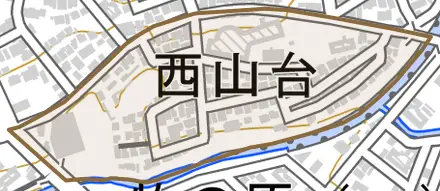 西山台とその周辺の地図。町の範囲を重ねている