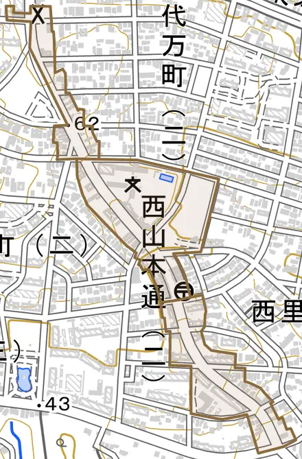 西山本通とその周辺の地図。町の範囲を重ねている