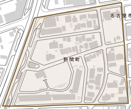 野間町とその周辺の地図。町の範囲を重ねている