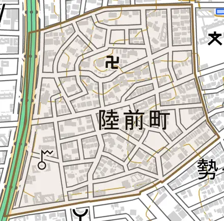 陸前町とその周辺の地図。町の範囲を重ねている