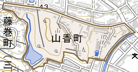 山香町とその周辺の地図。町の範囲を重ねている