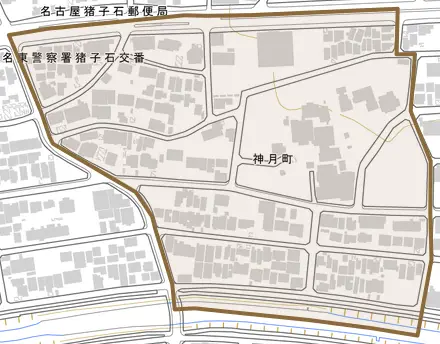 神月町とその周辺の地図。町の範囲を重ねている