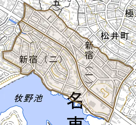 新宿とその周辺の地図。町の範囲を重ねている