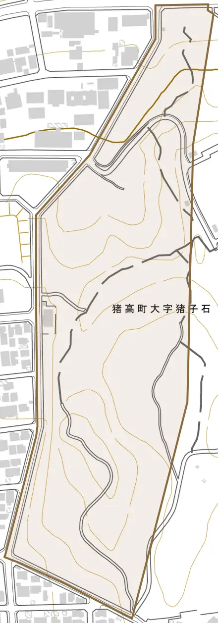 猪高町大字猪子石とその周辺の地図。町の範囲を重ねている
