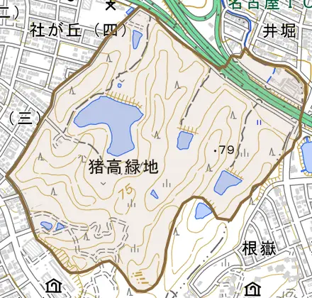猪高町大字上社とその周辺の地図。町の範囲を重ねている