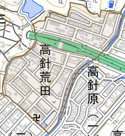 高針荒田とその周辺の地図。町の範囲を重ねている