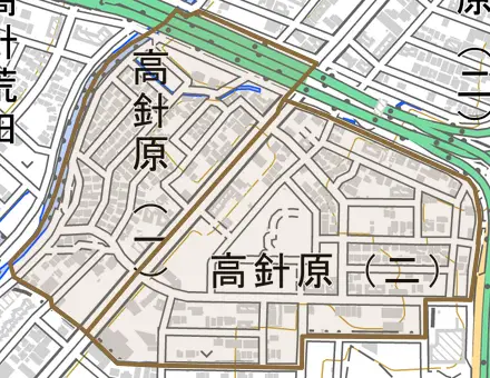 高針原とその周辺の地図。町の範囲を重ねている