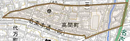 高間町とその周辺の地図。町の範囲を重ねている