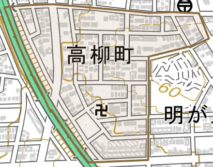 高柳町とその周辺の地図。町の範囲を重ねている