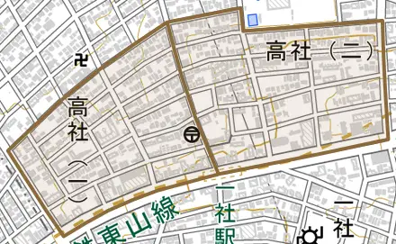 高社とその周辺の地図。町の範囲を重ねている