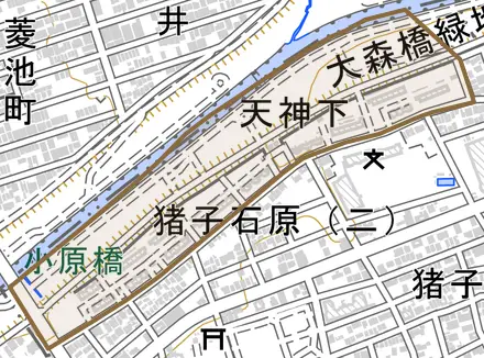 天神下とその周辺の地図。町の範囲を重ねている