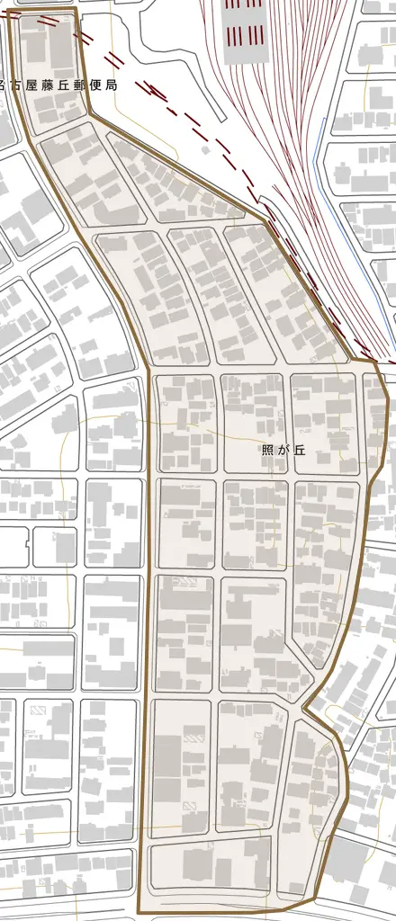 照が丘とその周辺の地図。町の範囲を重ねている