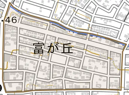 富が丘とその周辺の地図。町の範囲を重ねている