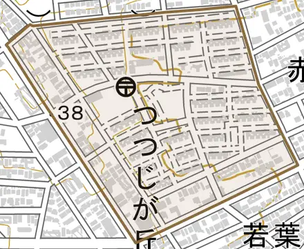 つつじが丘とその周辺の地図。町の範囲を重ねている