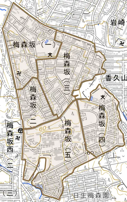 梅森坂とその周辺の地図。町の範囲を重ねている