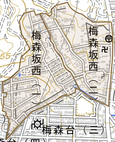 梅森坂西とその周辺の地図。町の範囲を重ねている