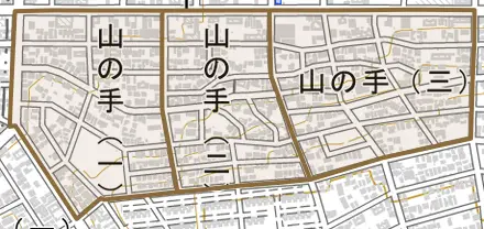 山の手とその周辺の地図。町の範囲を重ねている