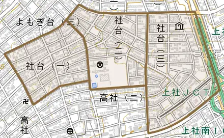 社台とその周辺の地図。町の範囲を重ねている