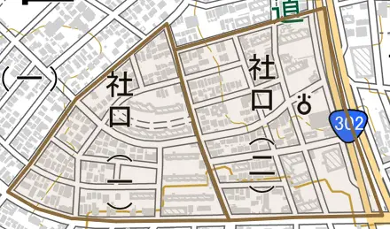 社口とその周辺の地図。町の範囲を重ねている