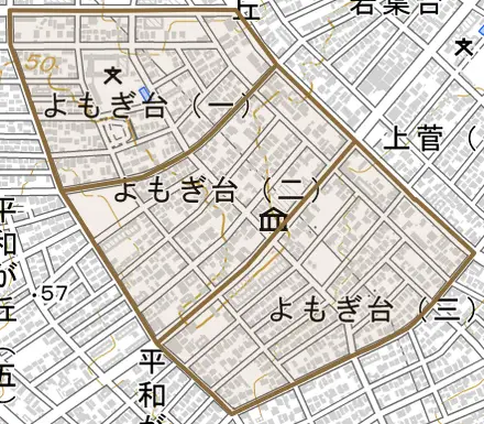 よもぎ台とその周辺の地図。町の範囲を重ねている