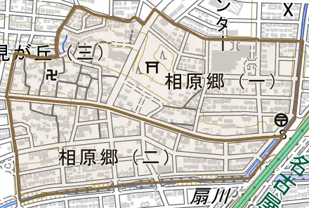 相原郷とその周辺の地図。町の範囲を重ねている