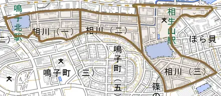 相川とその周辺の地図。町の範囲を重ねている