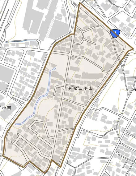 有松三丁山とその周辺の地図。町の範囲を重ねている