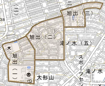 旭出とその周辺の地図。町の範囲を重ねている