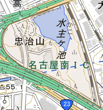 忠治山とその周辺の地図。町の範囲を重ねている
