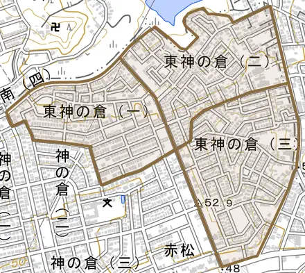 東神の倉とその周辺の地図。町の範囲を重ねている
