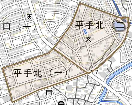 平手北とその周辺の地図。町の範囲を重ねている