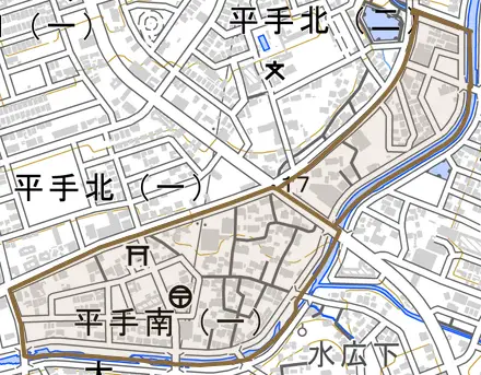 平手南とその周辺の地図。町の範囲を重ねている