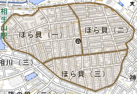 ほら貝とその周辺の地図。町の範囲を重ねている