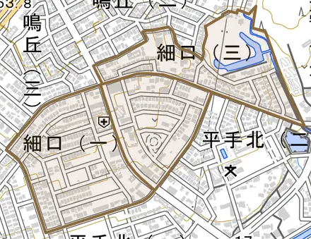 細口とその周辺の地図。町の範囲を重ねている