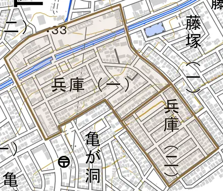 兵庫とその周辺の地図。町の範囲を重ねている