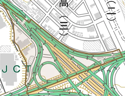 茨谷山とその周辺の地図。町の範囲を重ねている