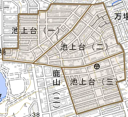 池上台とその周辺の地図。町の範囲を重ねている