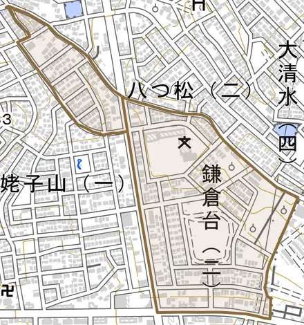 鎌倉台とその周辺の地図。町の範囲を重ねている