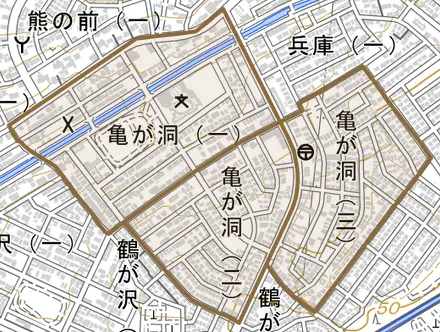 亀が洞とその周辺の地図。町の範囲を重ねている
